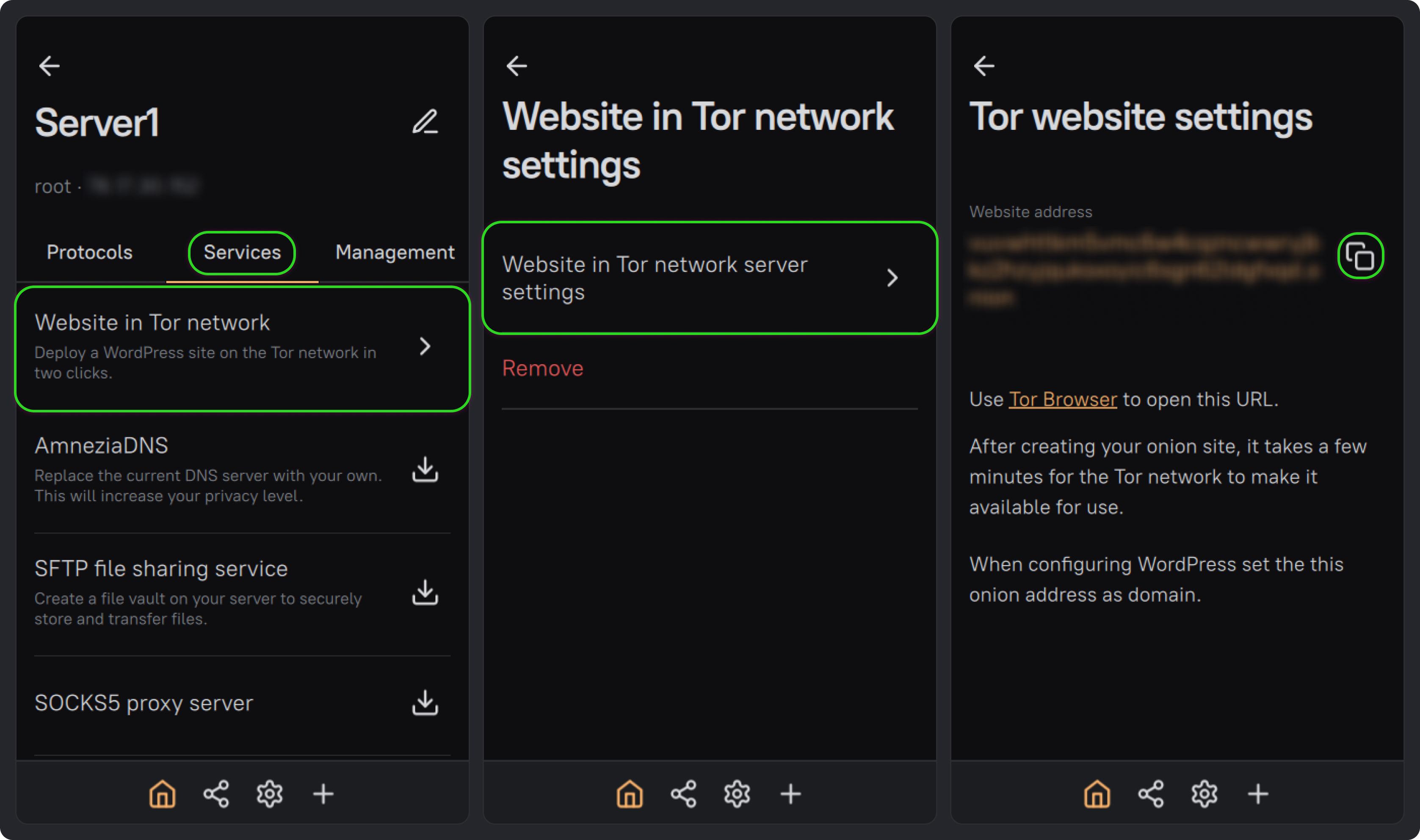 Opening the Tor website settings and copying the onion address