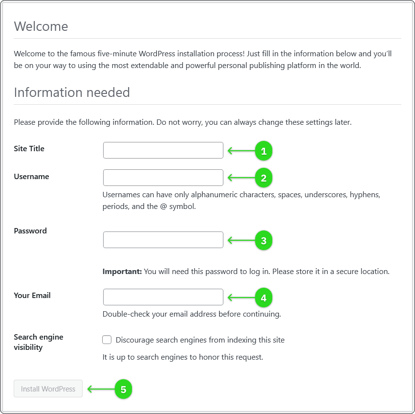 Entering the site title and administrator account details during WordPress setup