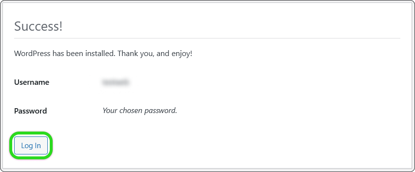 The WordPress installation success screen and Log In button
