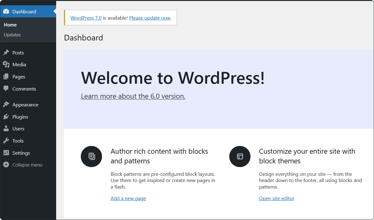 The WordPress dashboard after logging in as an administrator