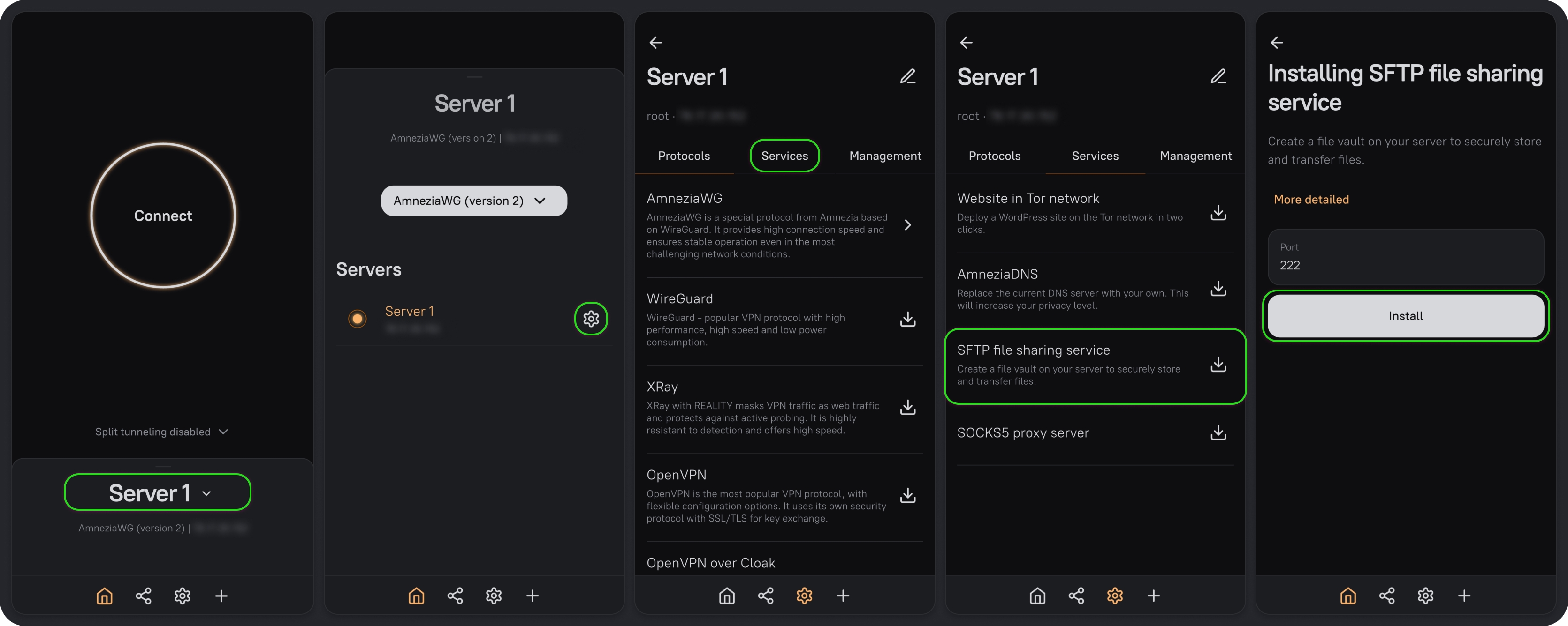 Selecting a server and installing the SFTP service with the chosen port