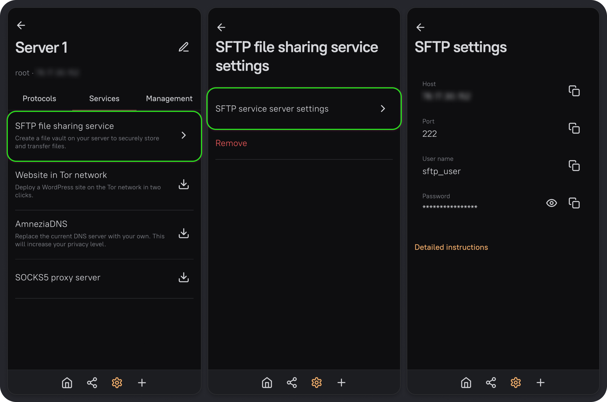 Opening the SFTP settings to find the storage connection details