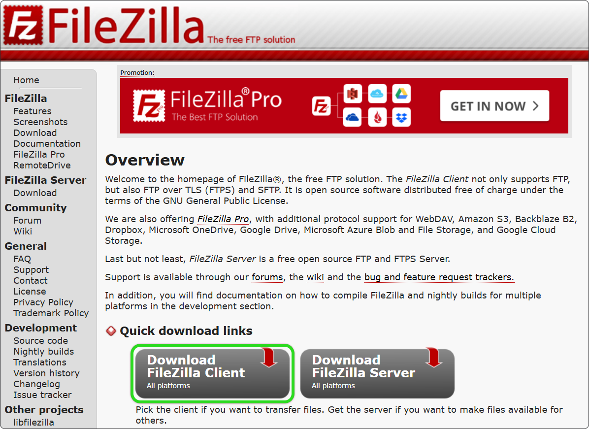 Кнопка Download FileZilla Client на главной странице FileZilla