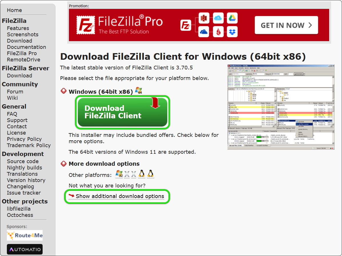 Страница загрузки FileZilla Client на примере Windows