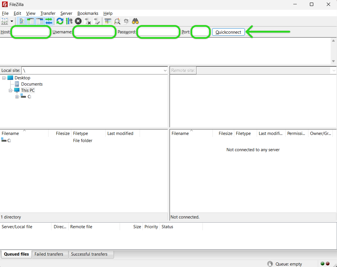 The SFTP connection fields and Quickconnect button in FileZilla