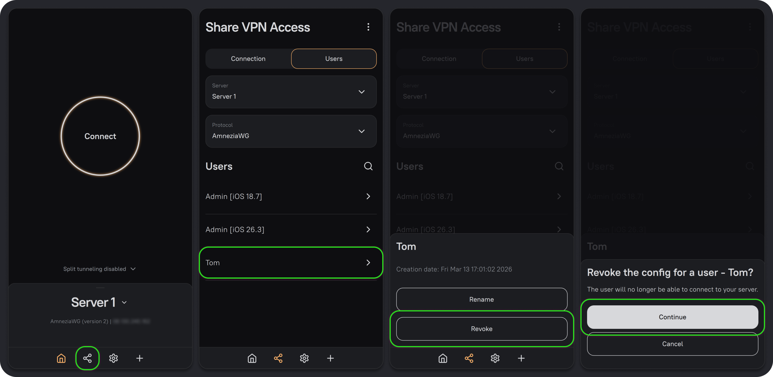 Selecting a user and confirming that you want to revoke their access
