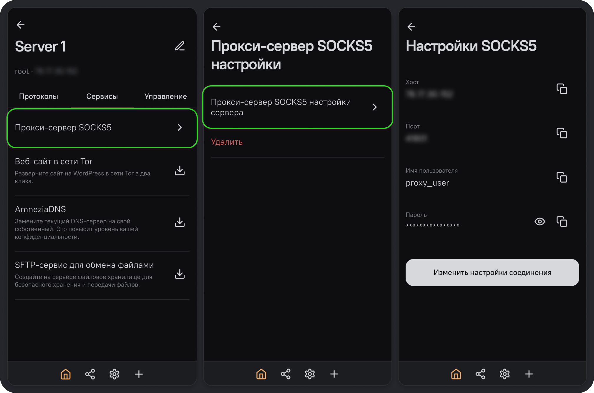 Переход к настройкам SOCKS5 и данным для подключения к прокси-серверу