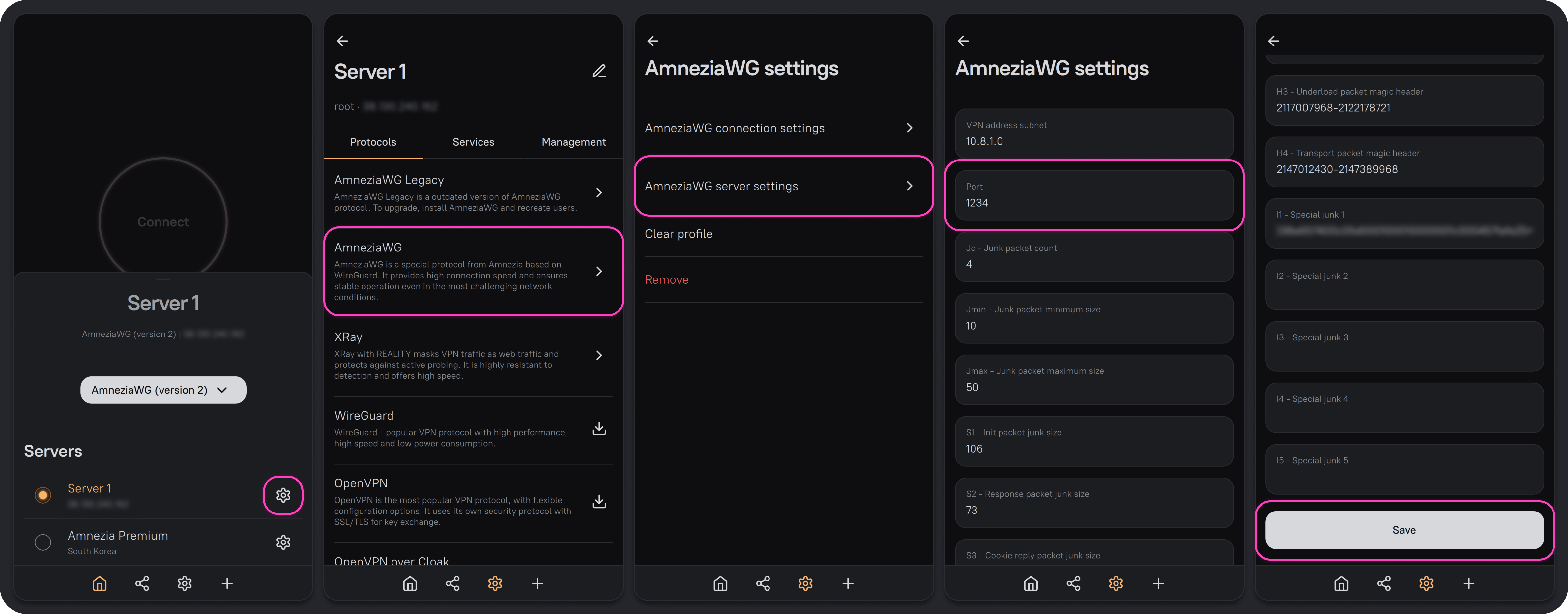 Changing and saving the AmneziaWG port in the server settings